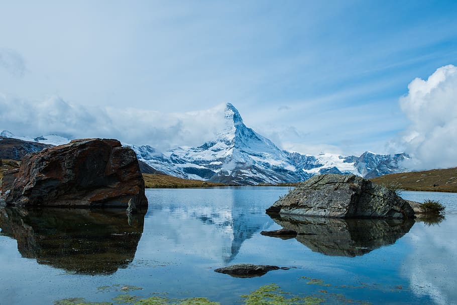 mountain, hike, stone, reflex, blue sky, cloud, switzerland HD wallpaper