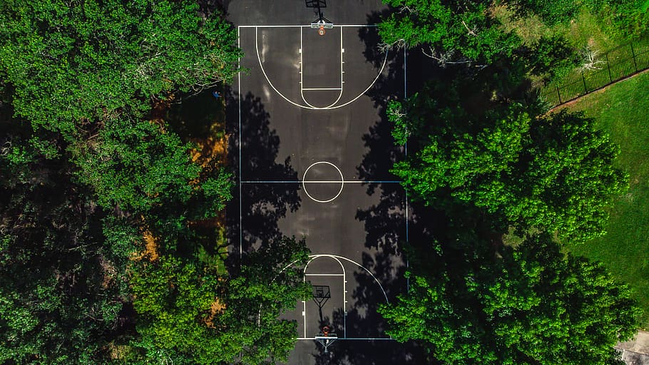 bird's eye view of basketball court, architecture, building, arched