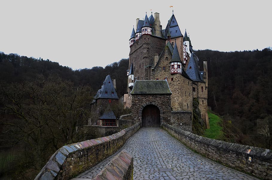 castle, road, bridge, rooftops, moat, vintage, overcast, stone paving HD wallpaper