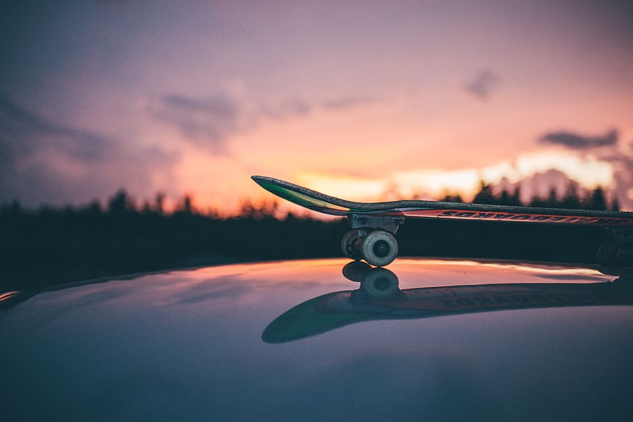 skateboard, games, reflection, mountain, trees, plants, sky HD wallpaper