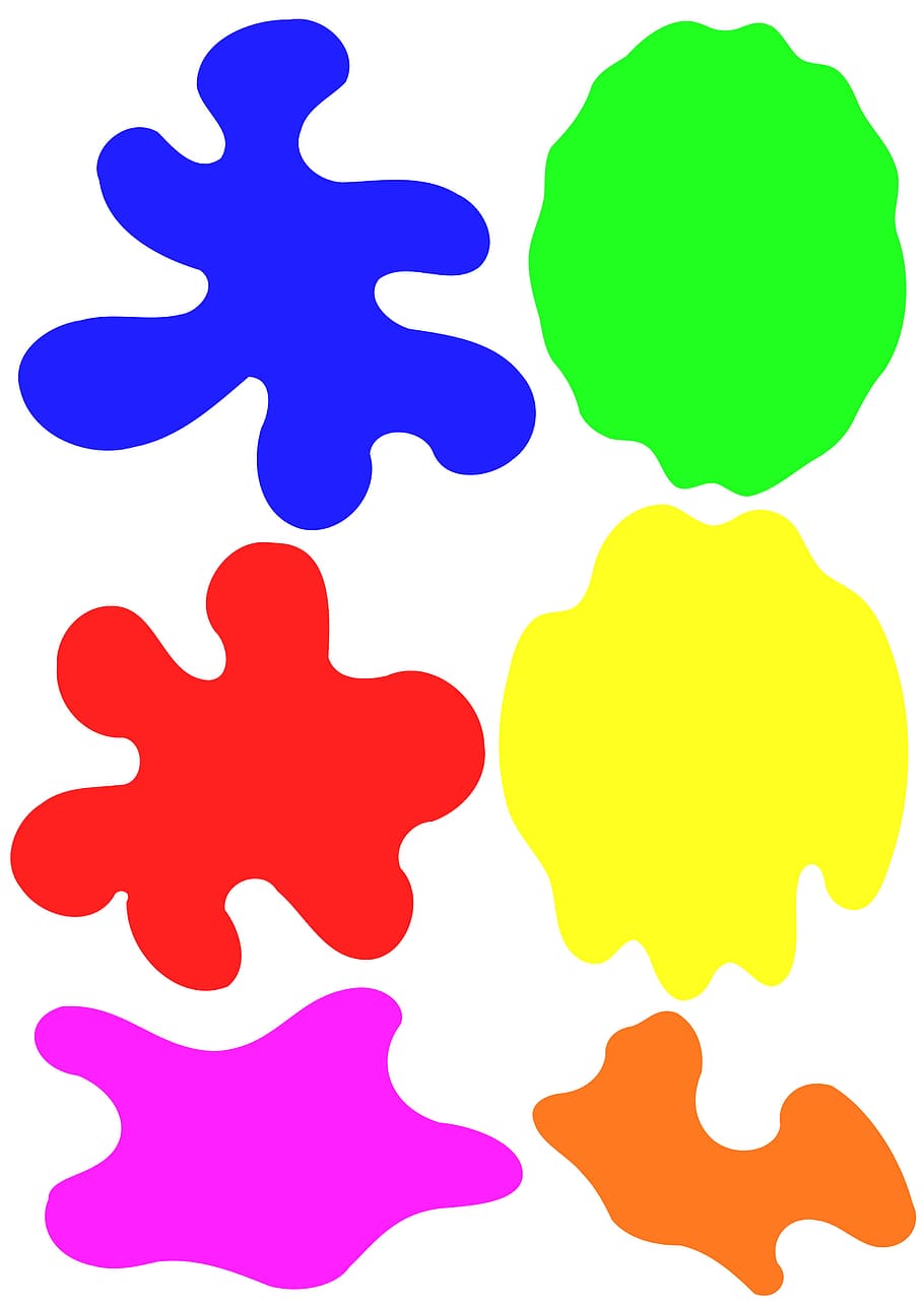 Colorful different shapes blobs on white background, paint, blot