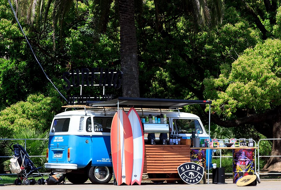 Blue and White Food Car, coffee shop, daylight, landscape, park, HD wallpaper