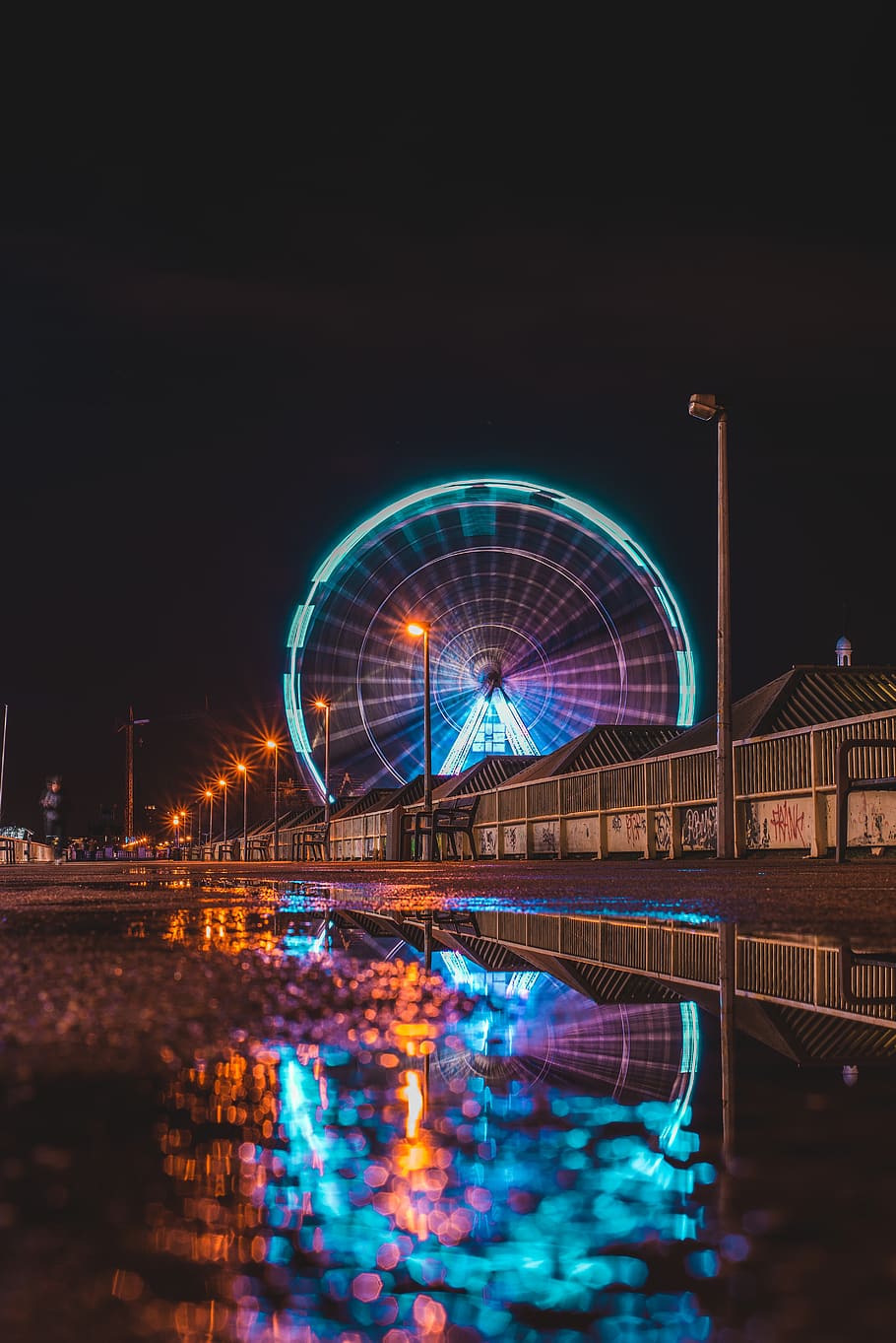 lighted up ferris wheel, night, illuminated, water, built structure HD wallpaper