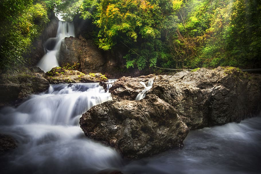 Flow of Water, cascade, moss, motion, nature, rapids, rock, scenic HD wallpaper