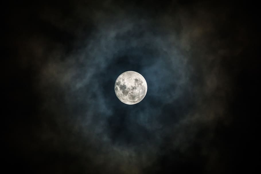 moon, night sky, lunar, halo, full moon, cloudy, moonlight, HD wallpaper