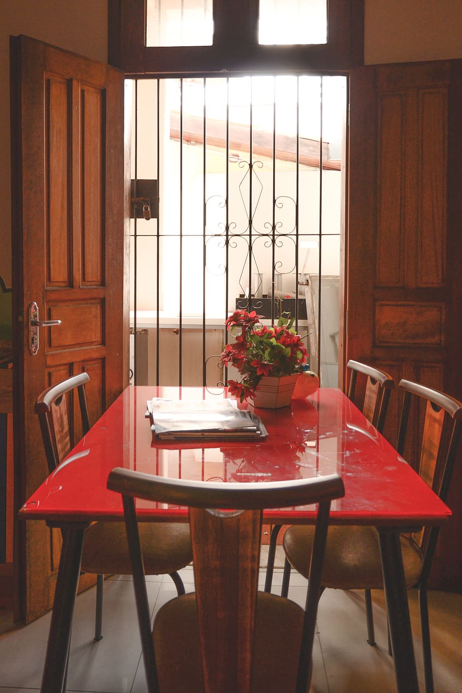Red Dining Table With Brown Wooden Chairs, dining room, furniture