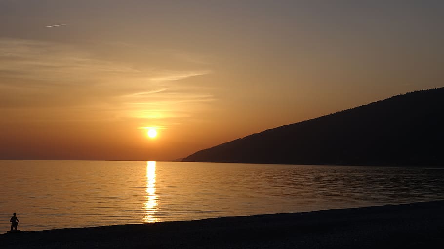 orange, sunset, sea, mountain, water, sky, scenics - nature HD wallpaper