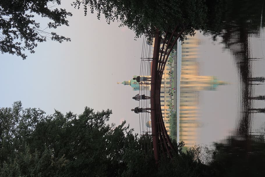 bridge, berlin, park, palace, water, people, trees, sunset HD wallpaper