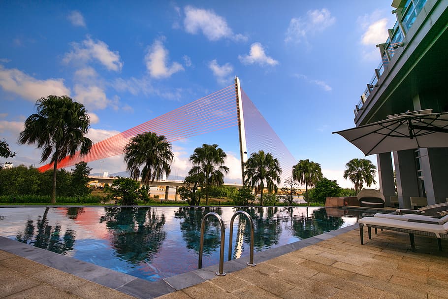 Lounge Chairs With Patio Umbrella Near Pool, architecture, clouds HD wallpaper
