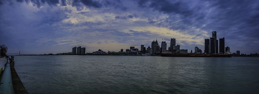 detroit, united states, sunset, ship, panoramic, river, water, HD wallpaper