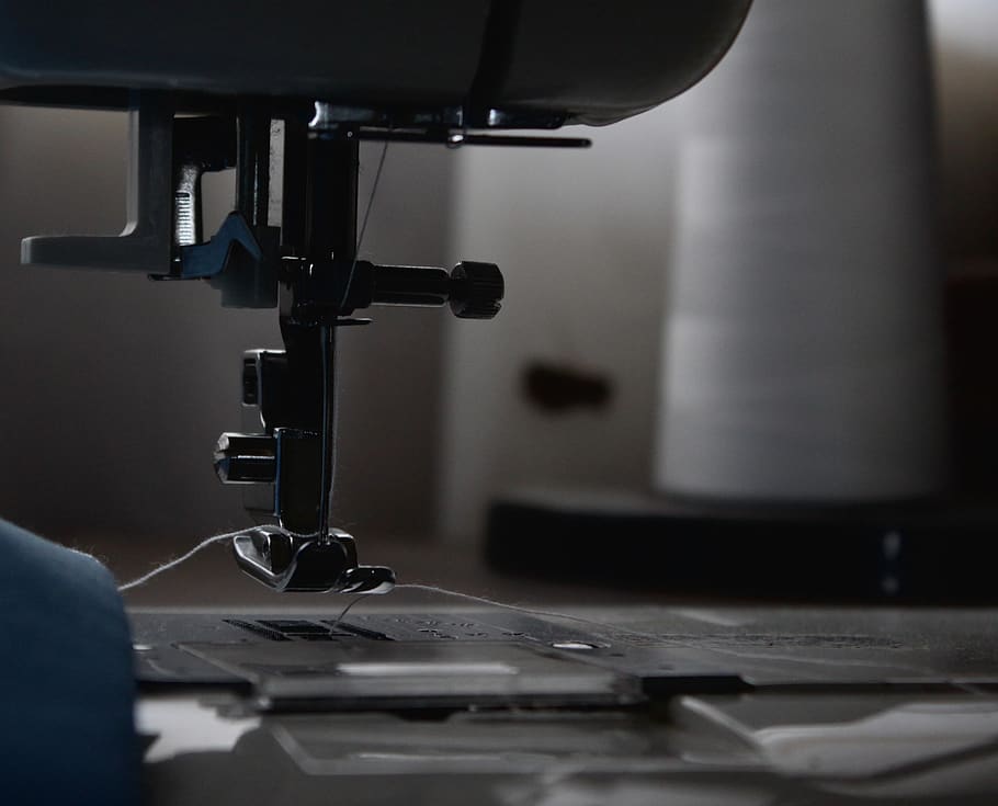 sewing machine, thread, fabric, stitching, metal, parts, room, HD wallpaper