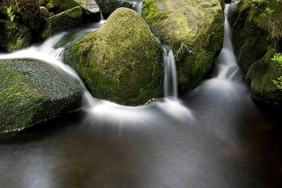 green, moss, stream, water, nature, outdoor, motion, long exposure HD wallpaper