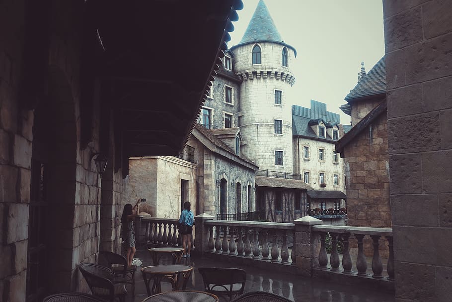 Photo of Teal Roof Castle, ancient, architecture, building, chairs HD wallpaper