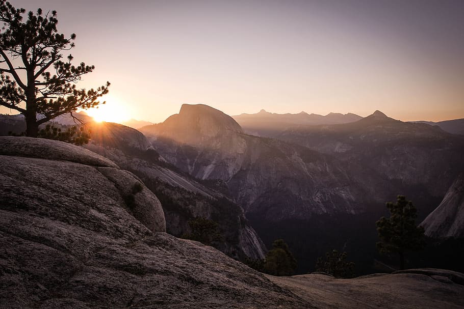 gray rock formations during golden hour, valley, sunset, sunrise HD wallpaper