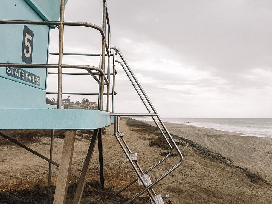 united states, san clemente, ocean, sand, overcast, lifeguard stand, HD wallpaper