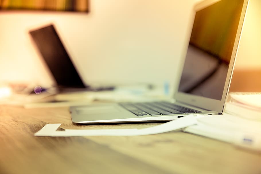 Silver and Black Laptop Computer, advertising, blur, creative HD wallpaper