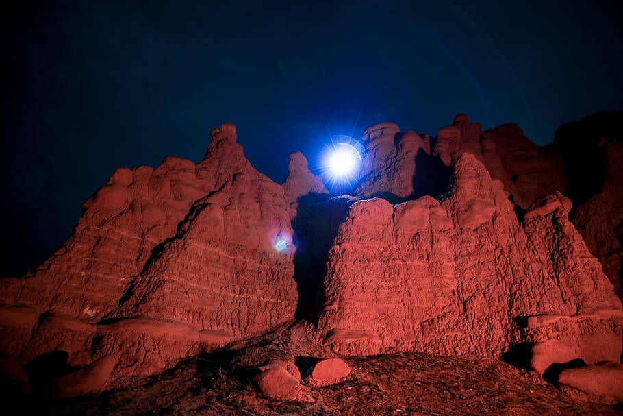 red mountains, rock, light, night, formation, cliff, blue, dark HD wallpaper