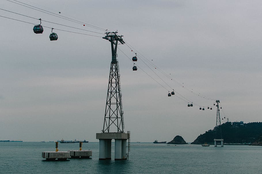 south korea, busan, sky, blue, sea, landscape, pier, cablecar HD wallpaper