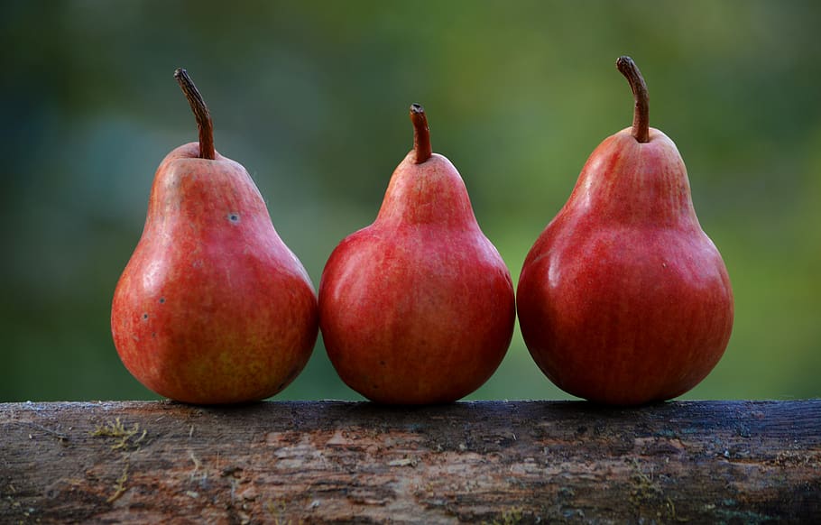 three red pear fruits, food and drink, healthy eating, wellbeing HD wallpaper