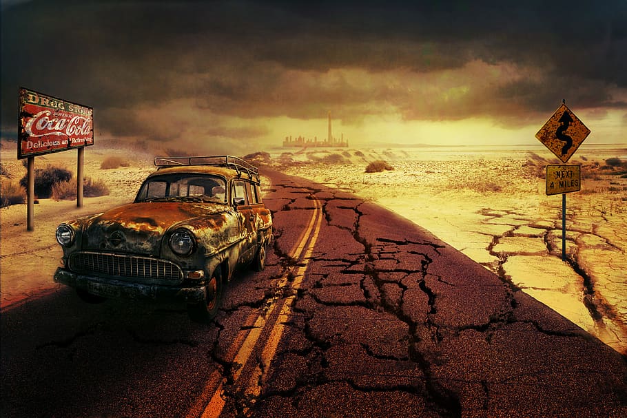 apocalypse, photoshop, collage, car, design, style, banner, HD wallpaper