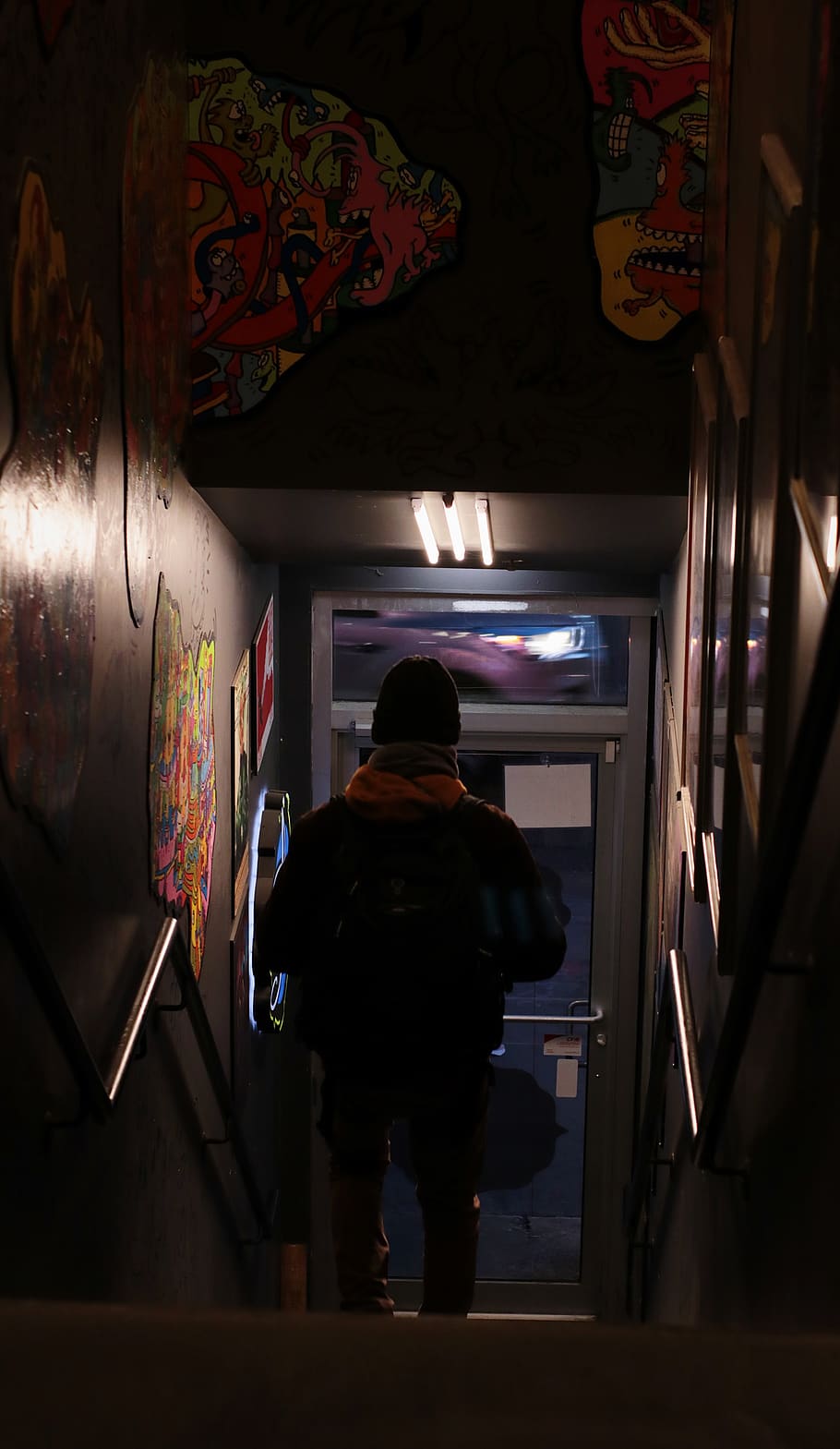 comics, store, art, stairs, neon, rear view, illuminated, indoors HD wallpaper