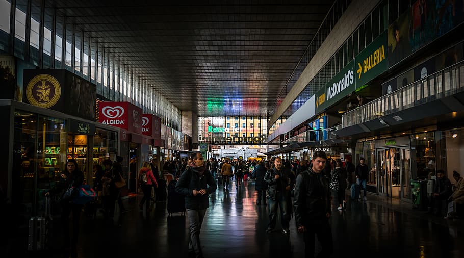 train station, rome, illuminated, architecture, large group of people HD wallpaper