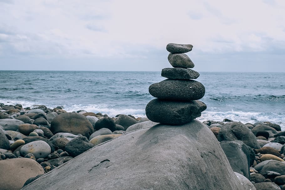 rock, pebble, sunset, stones, balanced stone, zen, beach, outdoors