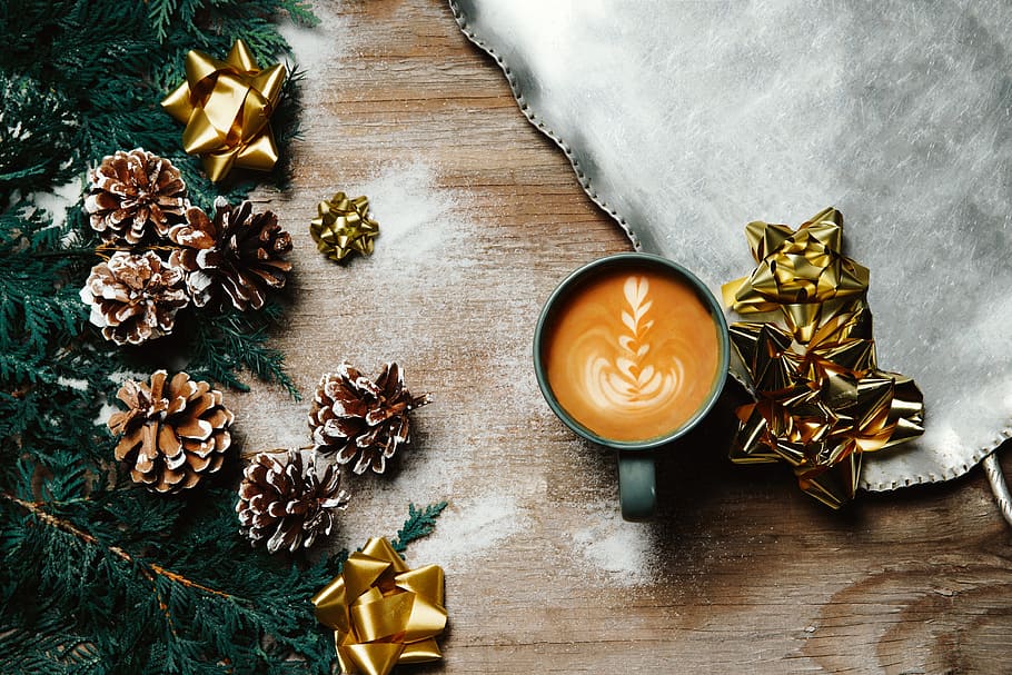 Warm Holiday Drink & Decor Photo, Coffee, Flatlay, Christmas
