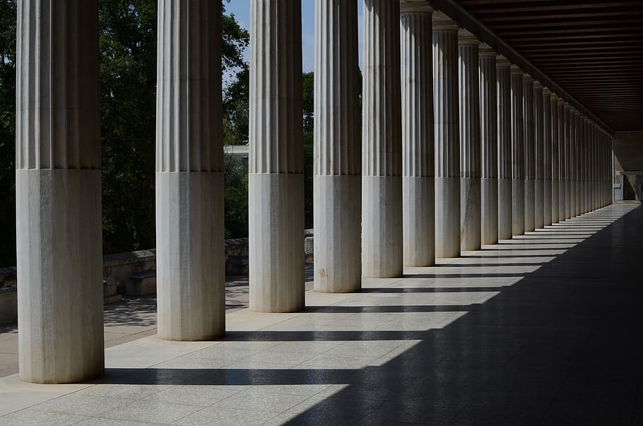 greece, column, columns, light, shadow, architectural column HD wallpaper