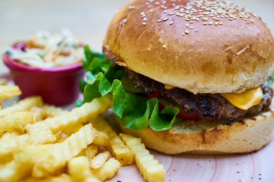 Burger and Fries, beef, bun, cheddar, cheese, cheeseburger, close-up HD wallpaper