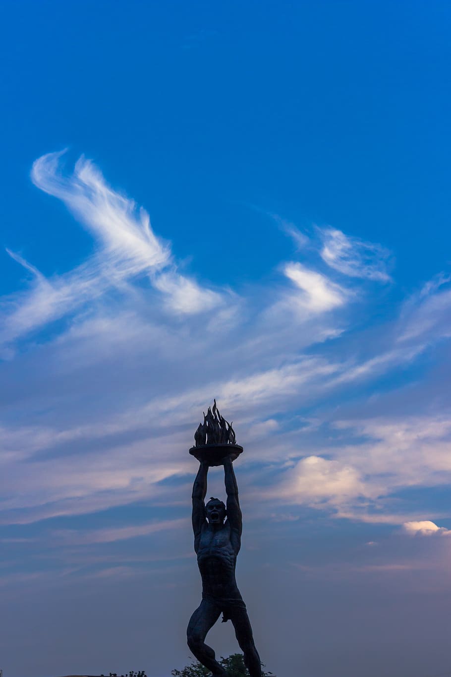city, statue, sky, blue, cloud, clouds, cloud - sky, sculpture HD wallpaper
