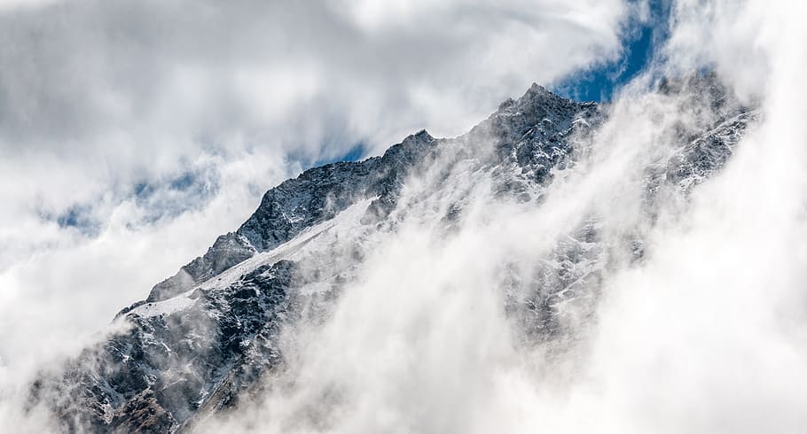 mountain, snow, valley, winter, clouds, fog, nature, landscape HD wallpaper