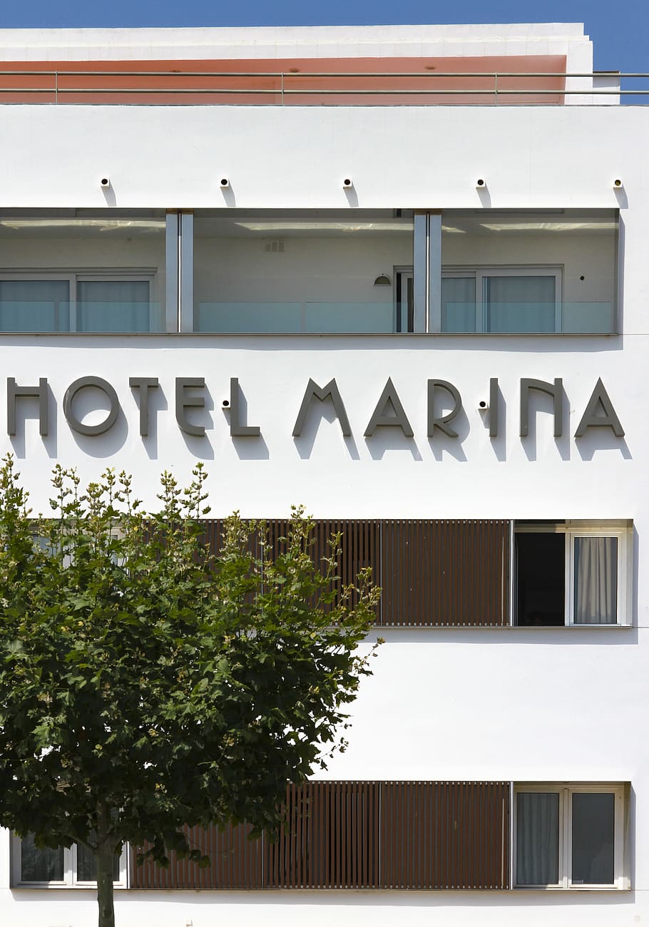 Hotel Marina building, architecture, typography, sun, contrast