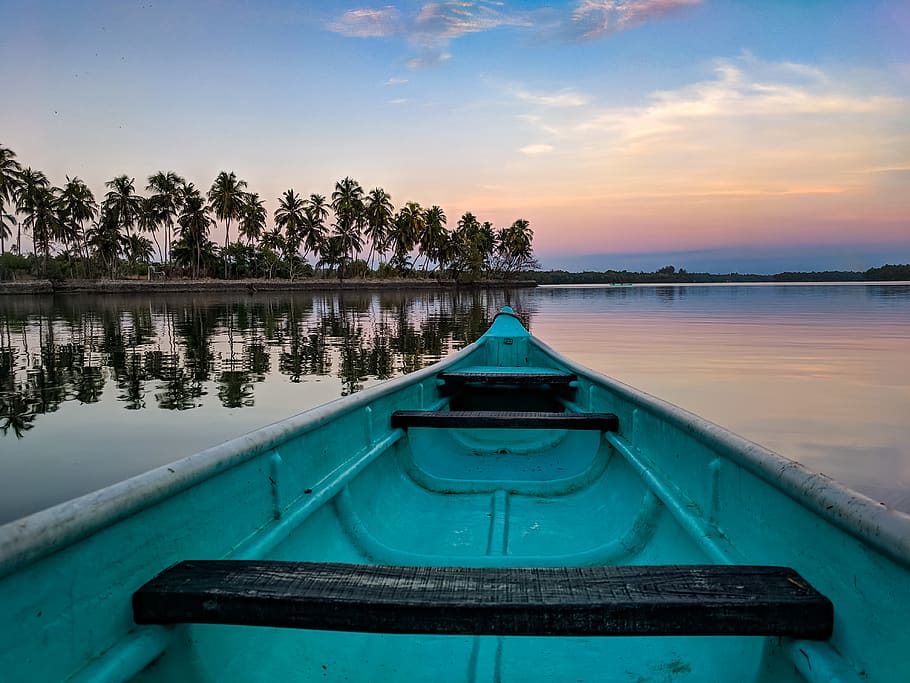 Blue and Gray Boat on Water, canoe, clouds, evening, landscape HD wallpaper