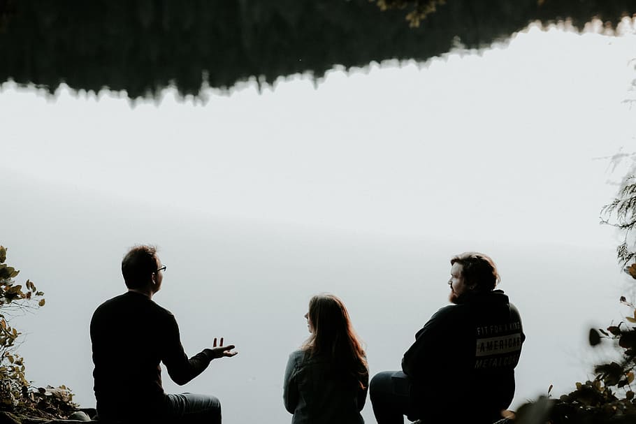 silhouette of three people sitting on cliff under foggy weather, HD wallpaper