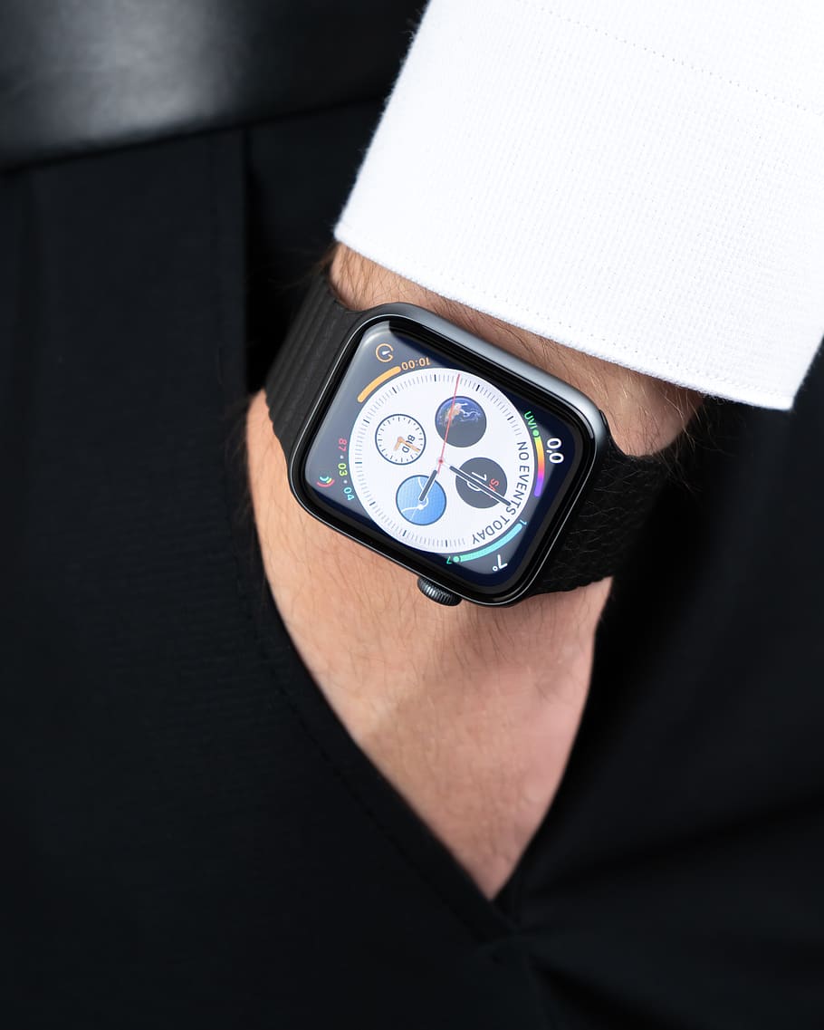 man wearing Apple Watch, wristwatch, human, person, clothing