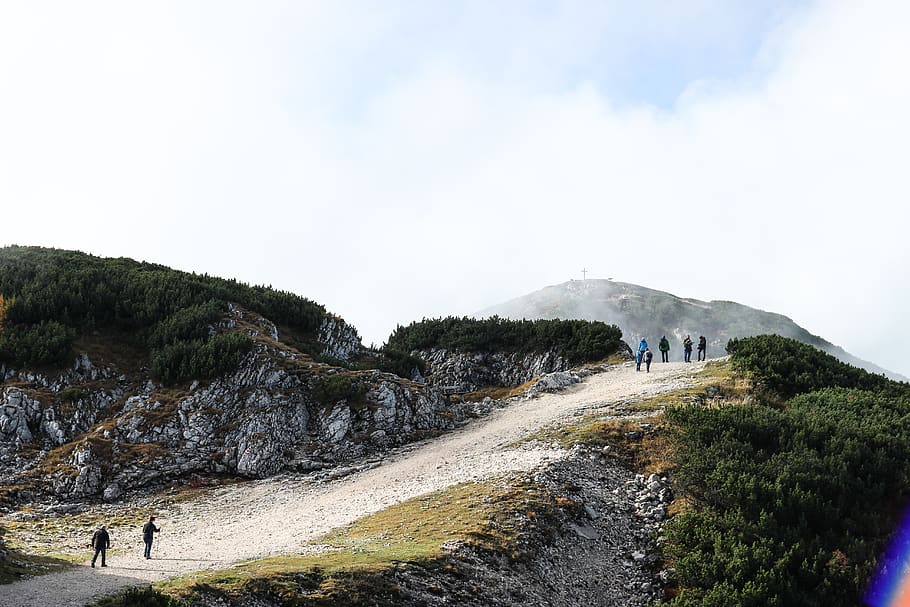 people walking on pathway, mountain, sky, tree, plant, beauty in nature HD wallpaper