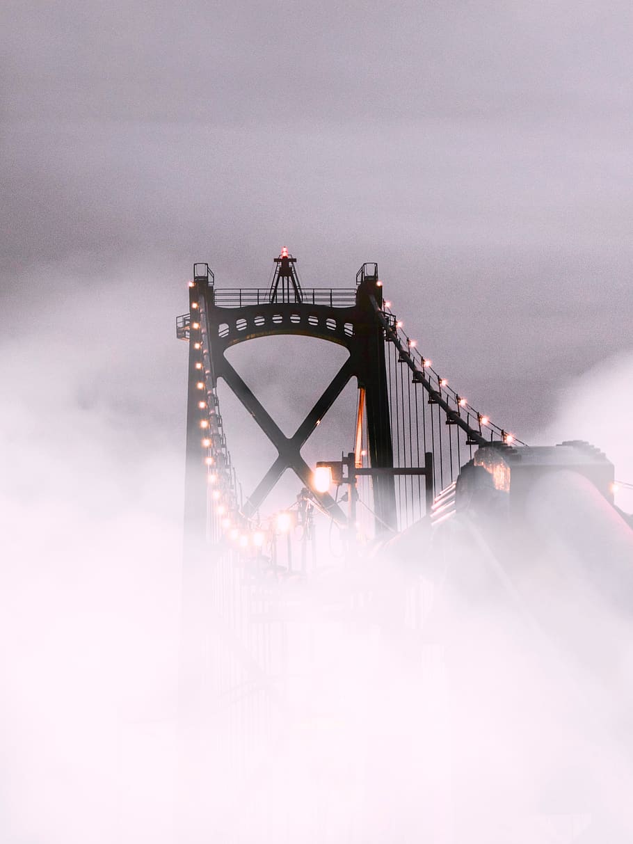 Suspension Bridge Covered With Fog, architecture, clouds, cold HD wallpaper