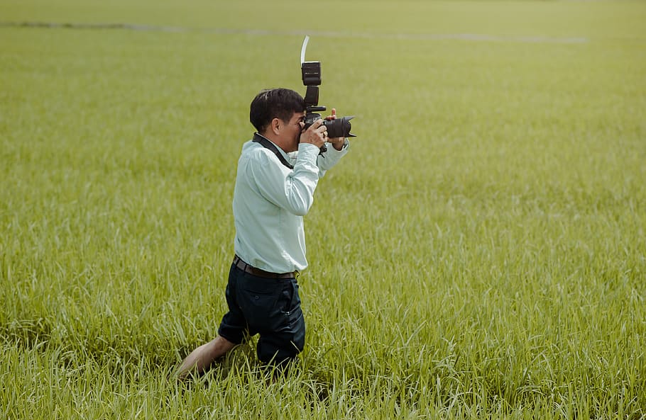 Man Standing on Rice Field Holding Camera, cropland, crops, daylight HD wallpaper