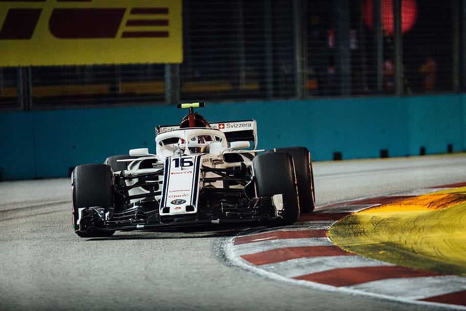 white racing car on road, formula one, corner, automobile, singapore HD wallpaper