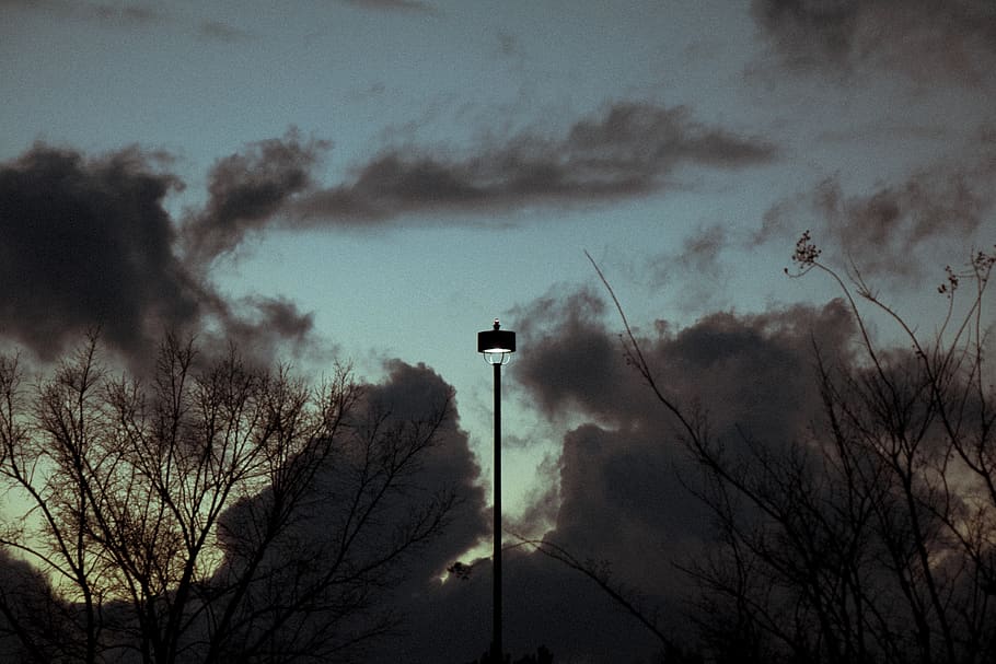 lamp post, light, nature, flare, sunset, dusk, outdoors, clouds HD wallpaper