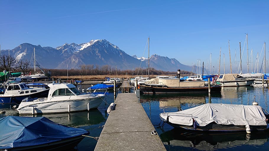 villeneuve, port, boat, sailboat, yacht, water, seagulls, mountain, HD wallpaper