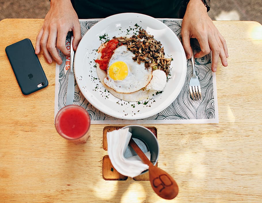 person touching spoon and fork, food, egg, human, cell phone HD wallpaper