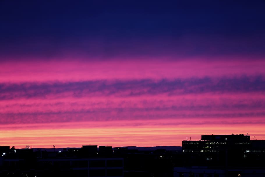 pink, purple, sunset, dusk, sky, silhouette, cityscape, landscape HD wallpaper