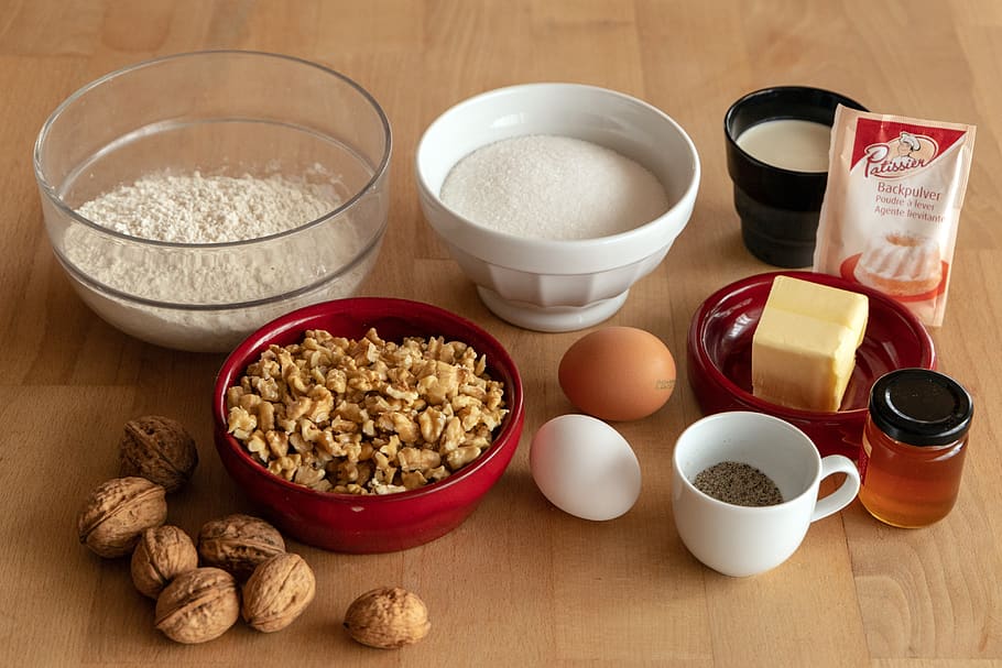 flour, egg, cake, ingredients, bake, sugar, butter, food, raw