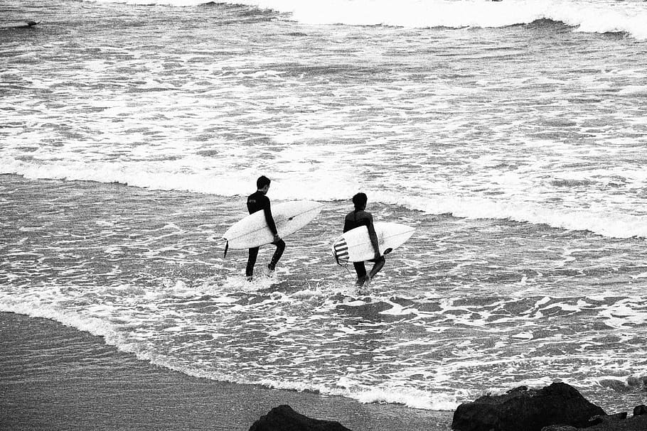 france, anglet, sea, water, two people, wave, sport, motion HD wallpaper