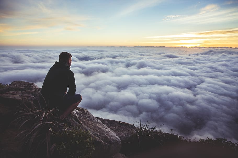 sunset, sky, clouds, guy, looking, rocks, people, cloud - sky HD wallpaper