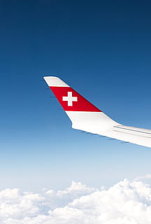 red and white airplane wings on sky, swiss, flag, aeroplane, travel HD wallpaper