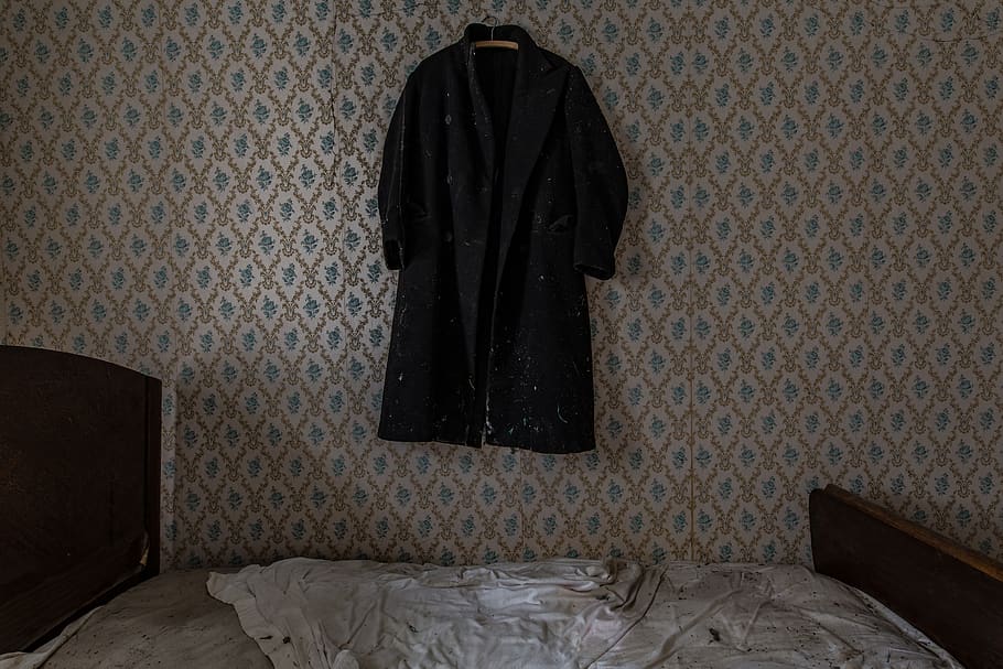 Black Coat Hanging on Wall, apartment, architecture, bed, bedroom, HD wallpaper