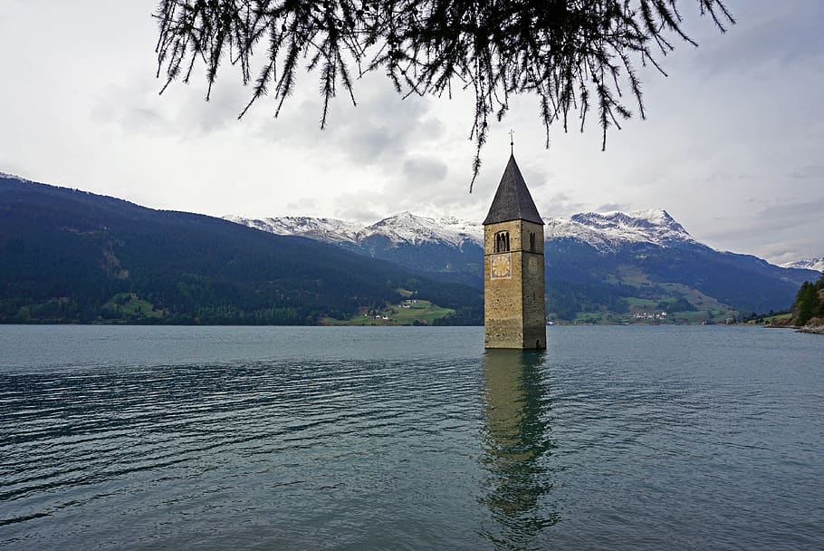 Gray Concrete Tower on Body of Water Under White Skies, architecture HD wallpaper